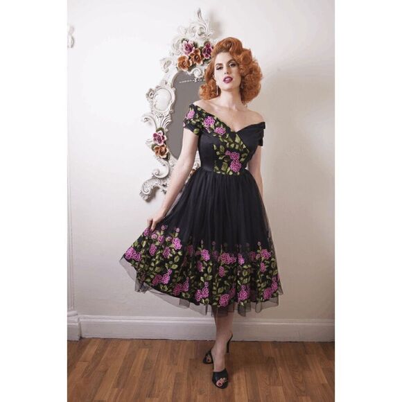 🌸 NWT Off Shoulder Retro Pinup Vintage 1950s Mesh Floral Embroidered Dress XL - Picture 10 of 16